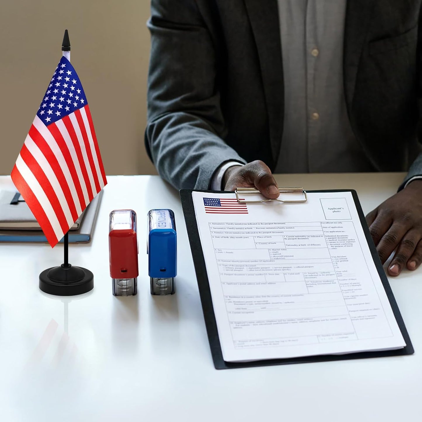 NQ American Desk Flag Set, 8.3 X 5.5 Inch Small American Flags on Stick, Mini American Flag with Stand Base, US Flag Decor for Table, Office, Home, Festival Decoration (2 Pack)