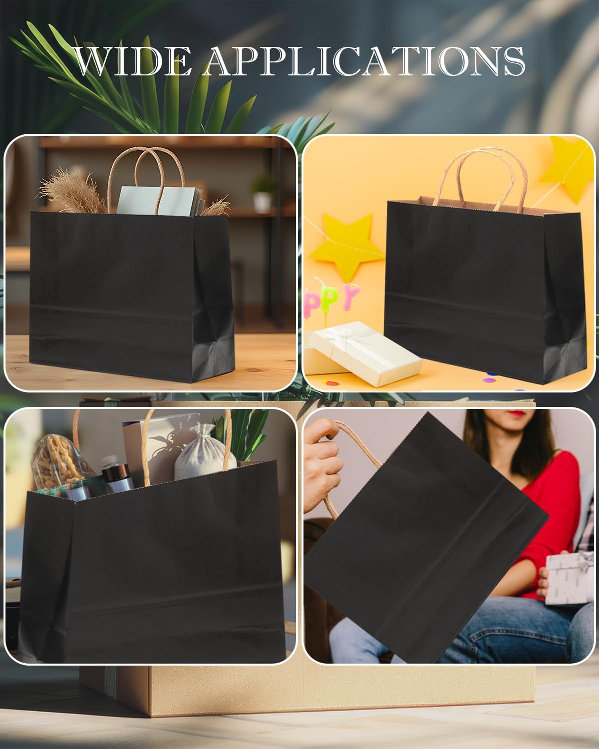 qiqee 50-Packs Black Paper Gift Bags with Handles Bulk 12.6"x4.3"x10" Wide Large Size Party Favor Bags Multiple Uses