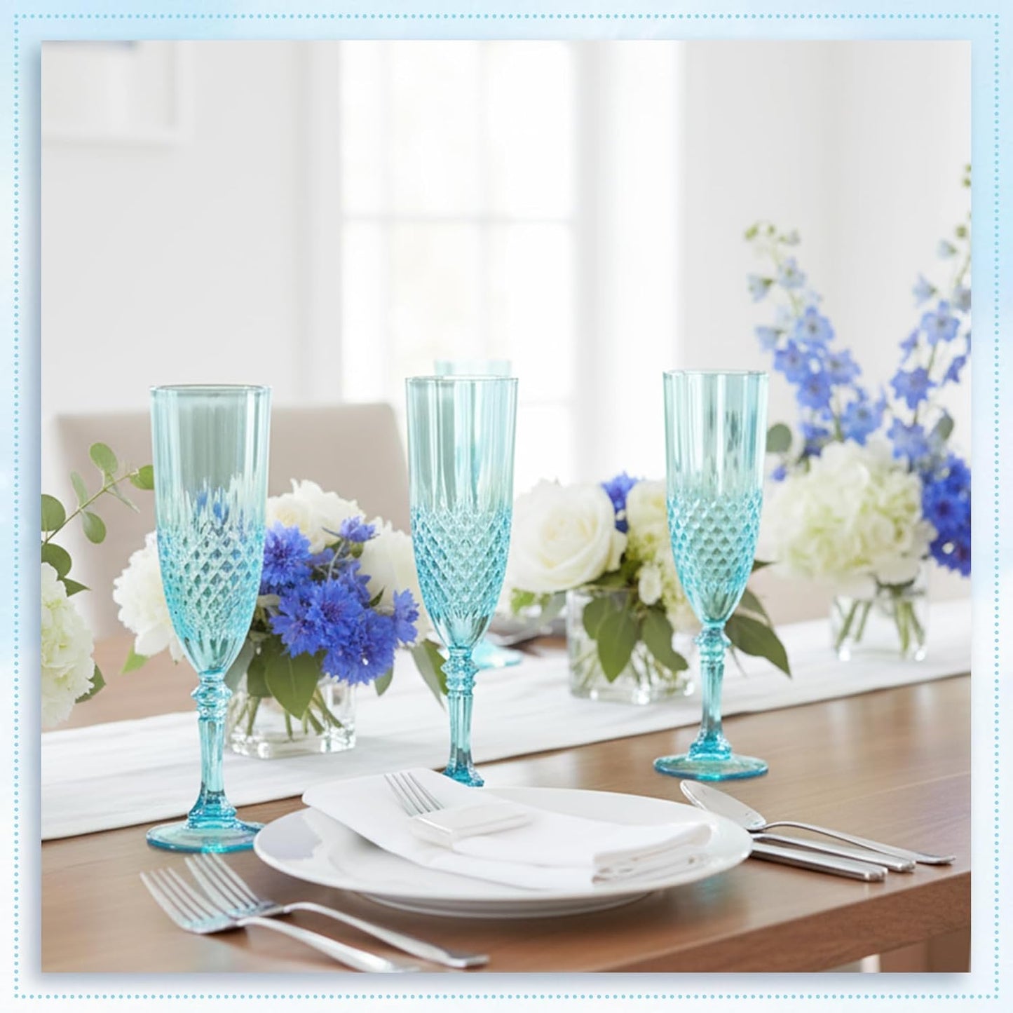 Plastic Champagne Flutes, 48PCS Light Cyan Wine Glasses Goblets Cups Reusable Flute, for Weddings Bachelor Parties Toasting and Events(48, Light Cyan)