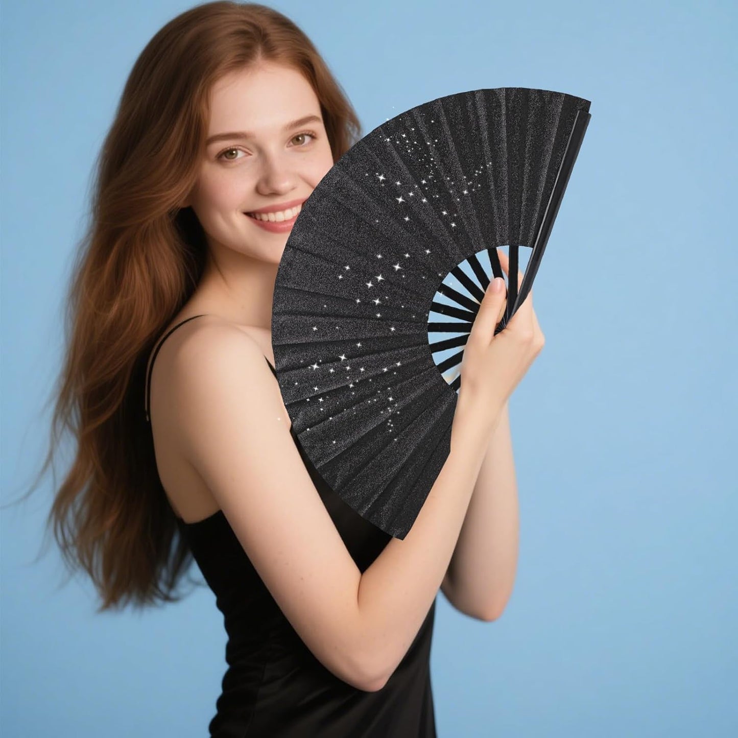 Glitter bling Large Folding Fan-Hand Fan Rave Clack Popping Fan for Line Dancing Clacking Fans for Boots On The Ground Dance, Party for EDM, Music Festival, Hot Flashes, Party, Decoration(3pcs black)