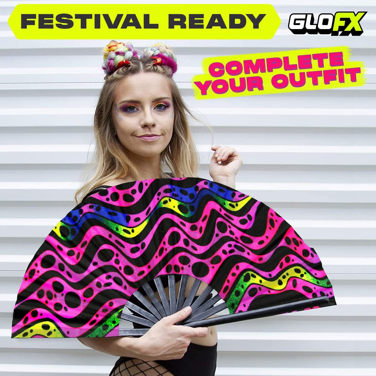 GloFX Folding Fan - Heat Wave - Large Rave Clack Folding Hand Fan for Men and Women - for EDM, Music Festival, Club, Event, Party, Dance, Performance, Decoration, Gift