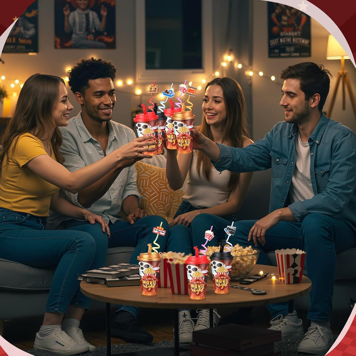 Yungyan 16 Sets Movie Night Party Favors Goodie Cups with Lids and Straws for Halloween Party Decorations Reusable 16oz Plastic Candy Cups Plastic Straws for Birthday Gift(Movie Night)