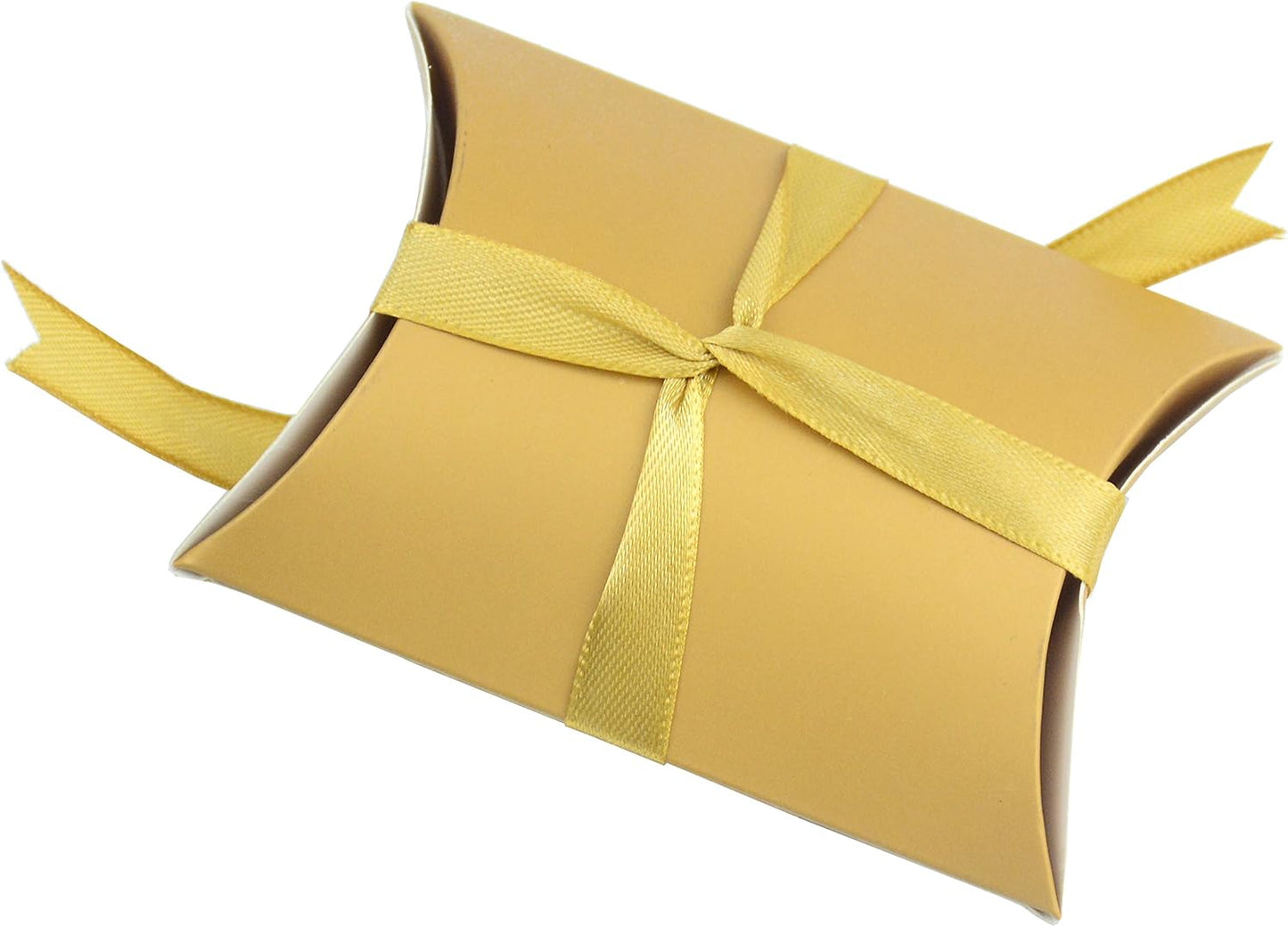 Aokbean 100 Pack Mini Pillow Candy Box Small Gift Boxes with 50 Yards Ribbon for Christmas Wedding Party Favor Gift, Jewelry or Soap Packaging (Gold)