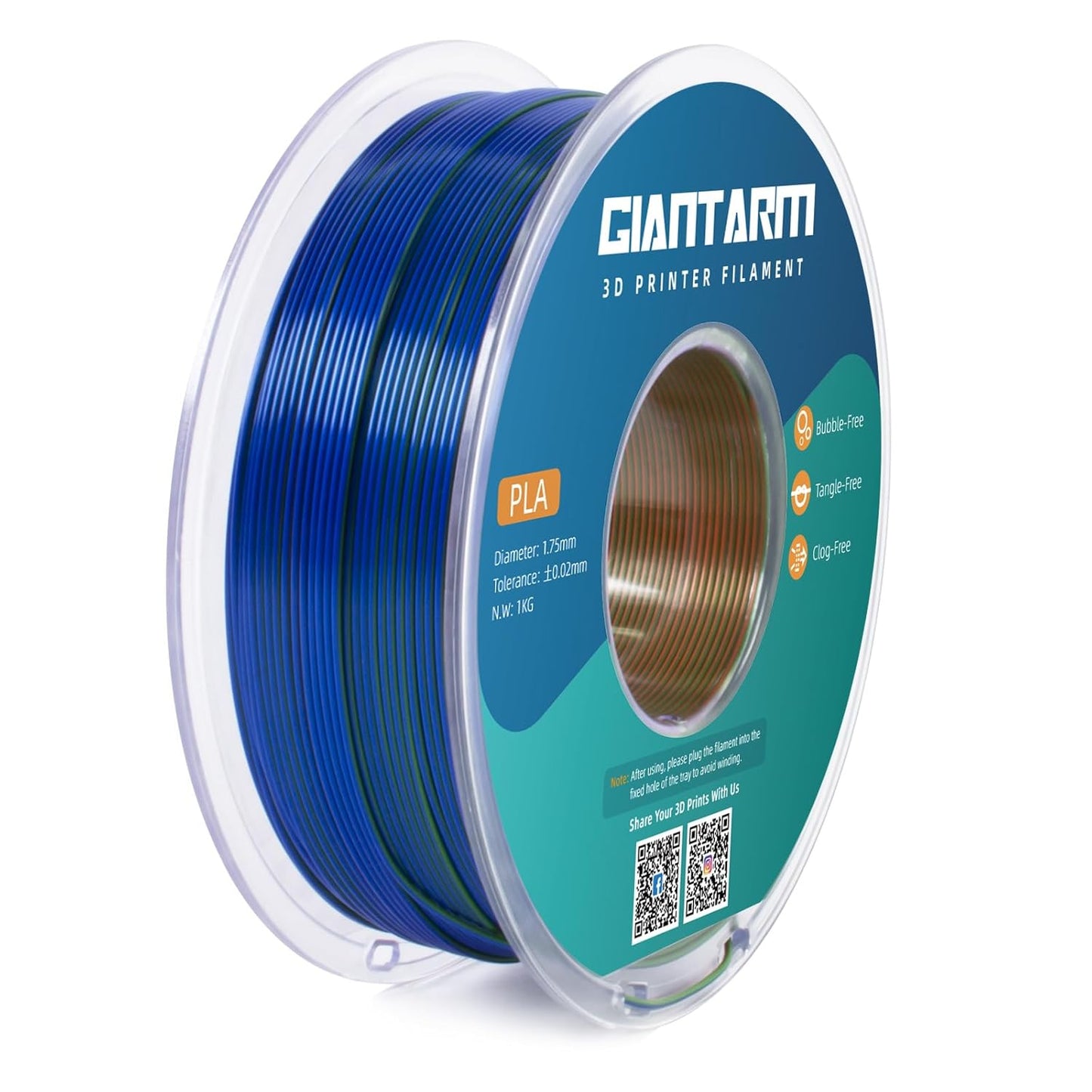 GIANTARM Tri-Colors Silk Pla Filament, 3D Printer Filament 1.75mm +/-0.02mm, 1Kg (2.2lbs) Spool, Vacuum Packaging (Orange+Blue+Green)