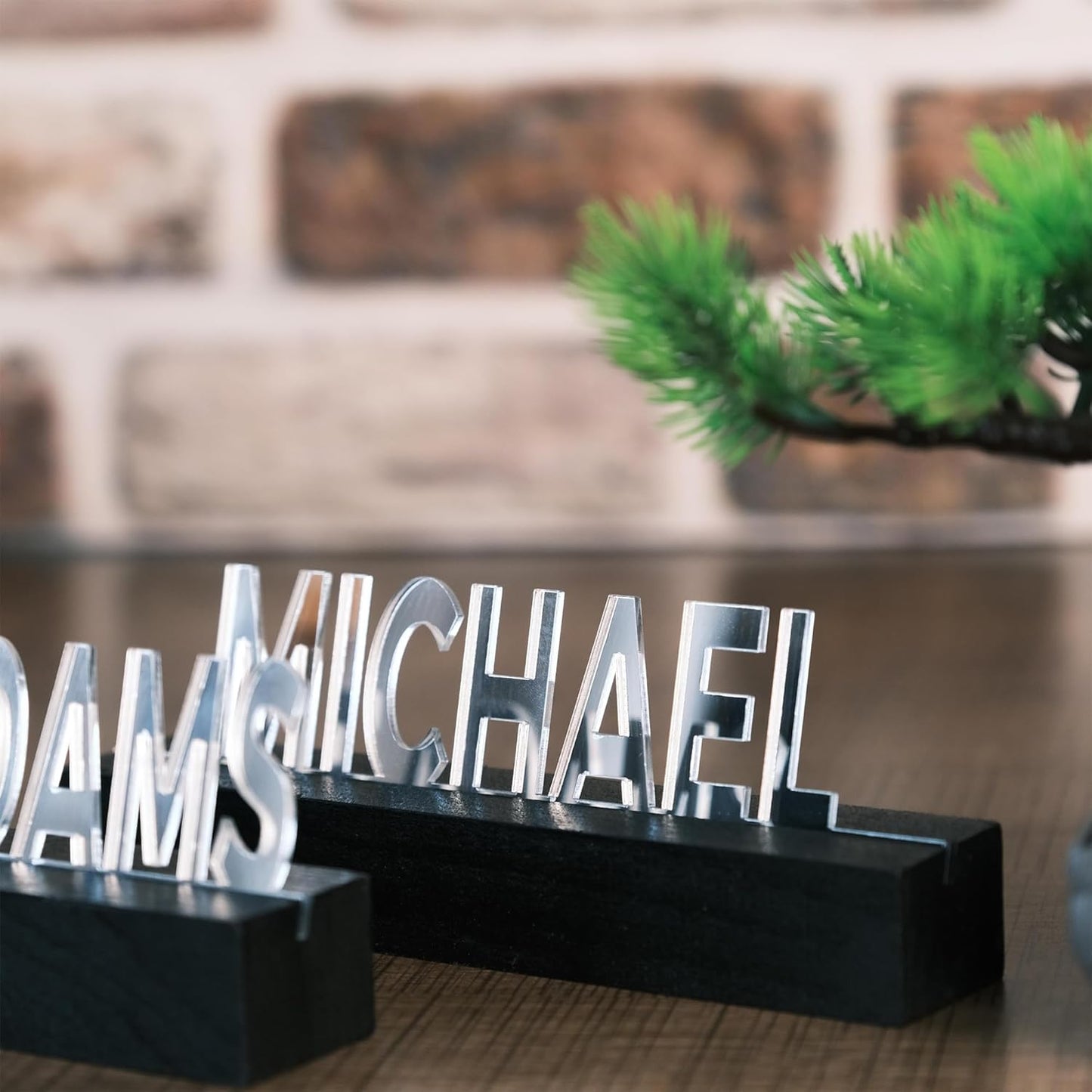 Personalized Silver Desk Name Plate – Custom Engraved Name Sign with Black Beech tree Base – Modern Office Name Tag Gift for Boss, Teacher, Coworker, or Professional – Handmade Desktop Decor