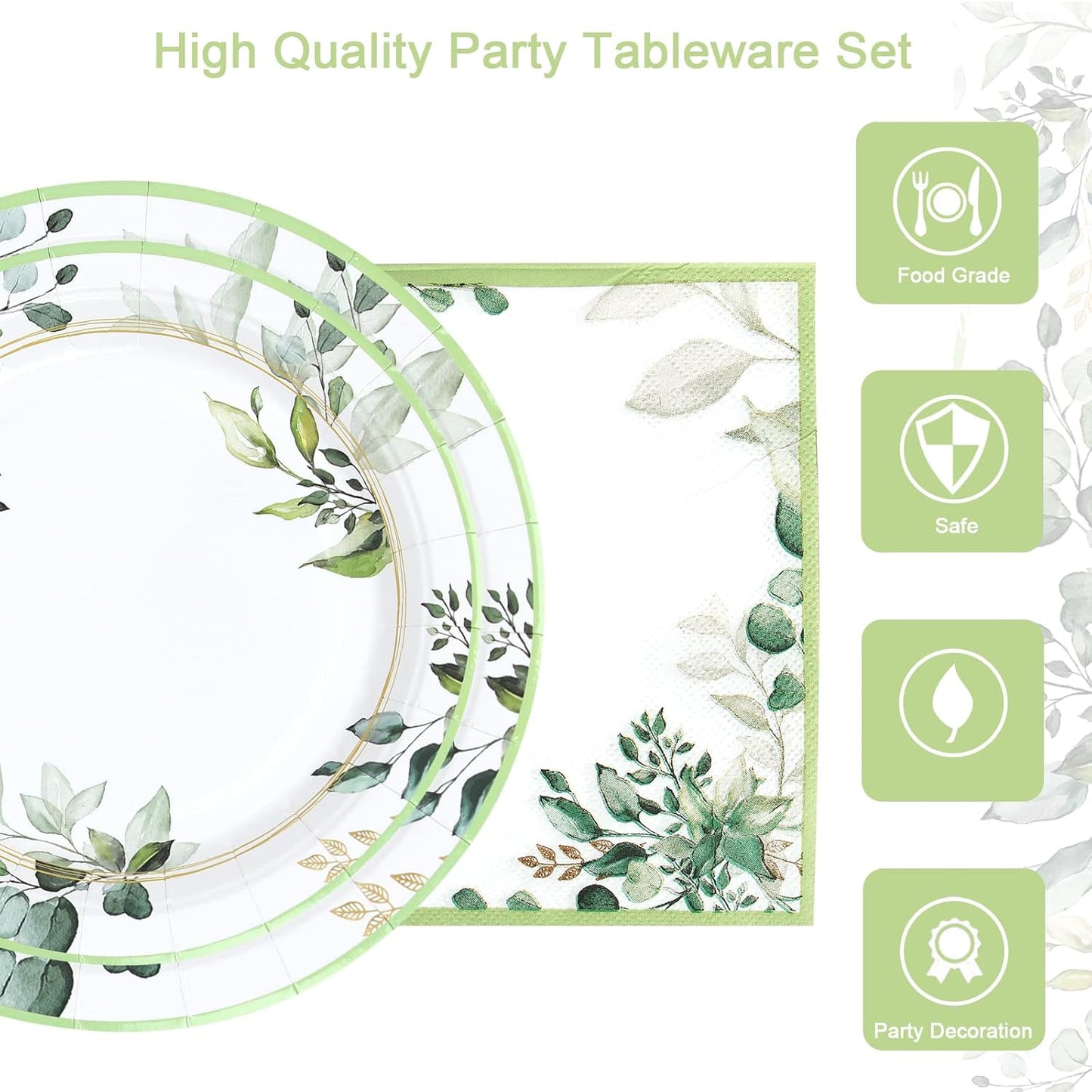 Green Party Plates Supplies, Sage Green Paper Eucalyptus Leaf Plates and Napkins, Disposable Tableware, Cups, Napkins for Jungle Boho Party,Baby Shower, Bridal Shower, Birthday Supplies Serve 24