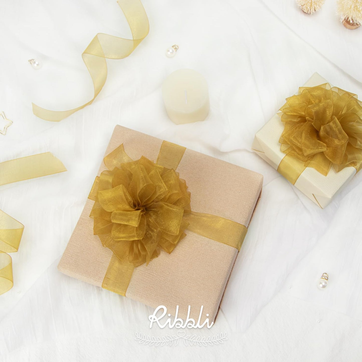 Ribbli Pale Gold Organza Ribbon,1 Inches x Continuous 50 Yard, Pale Gold Sheer Ribbon for Gift Wrapping,Cookie Wrapping,Wedding Decoration,All Crafting and Sewing