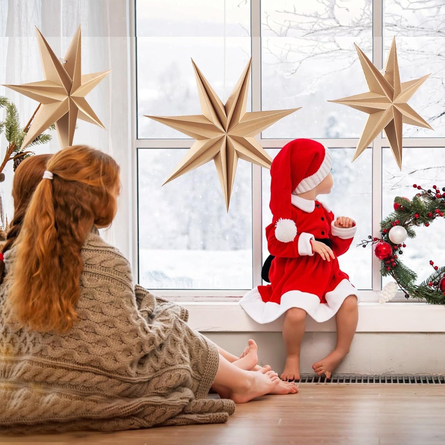 3PCS 12inch 7-Pointed Natural Paper Star Landerns Hanging Decoration Set Festive Holiday Decor Stars Shape Landerne for Christmas Home Deco