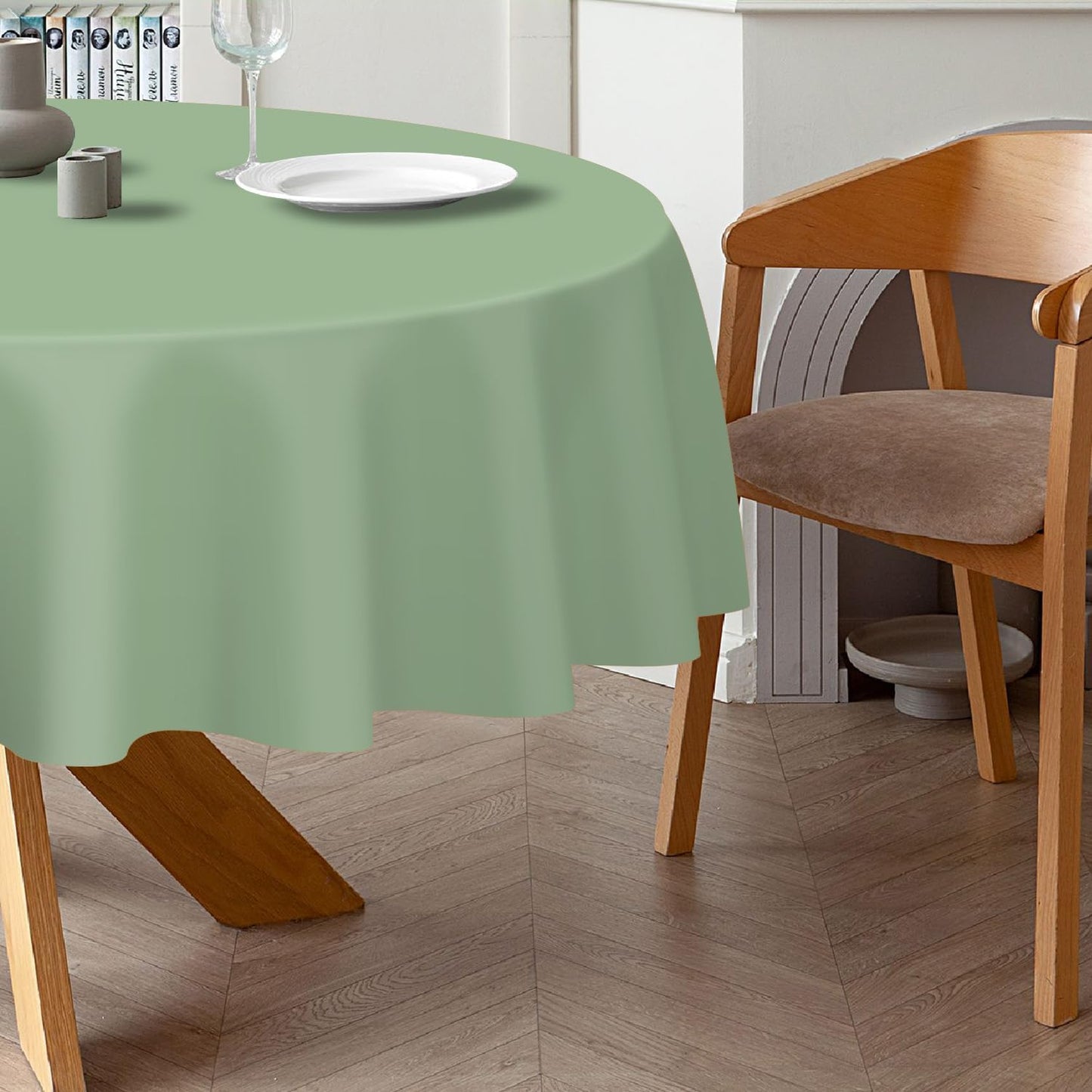 QIKSION Sage Green Round Tablecloth 2 Pack, 84 Inch Plastic Table Cover Disposable for Parties