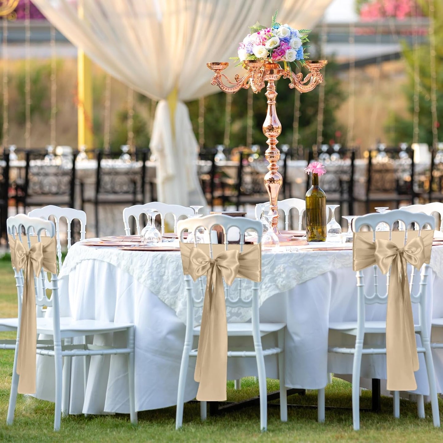 Satin Chair Sashes Bows Universal Chair Ribbon Ties Back Sash for Wedding Party Reception Events Banquets Hotel Event Chair Cover Decoration (7x108 inch) (100, Champagne)