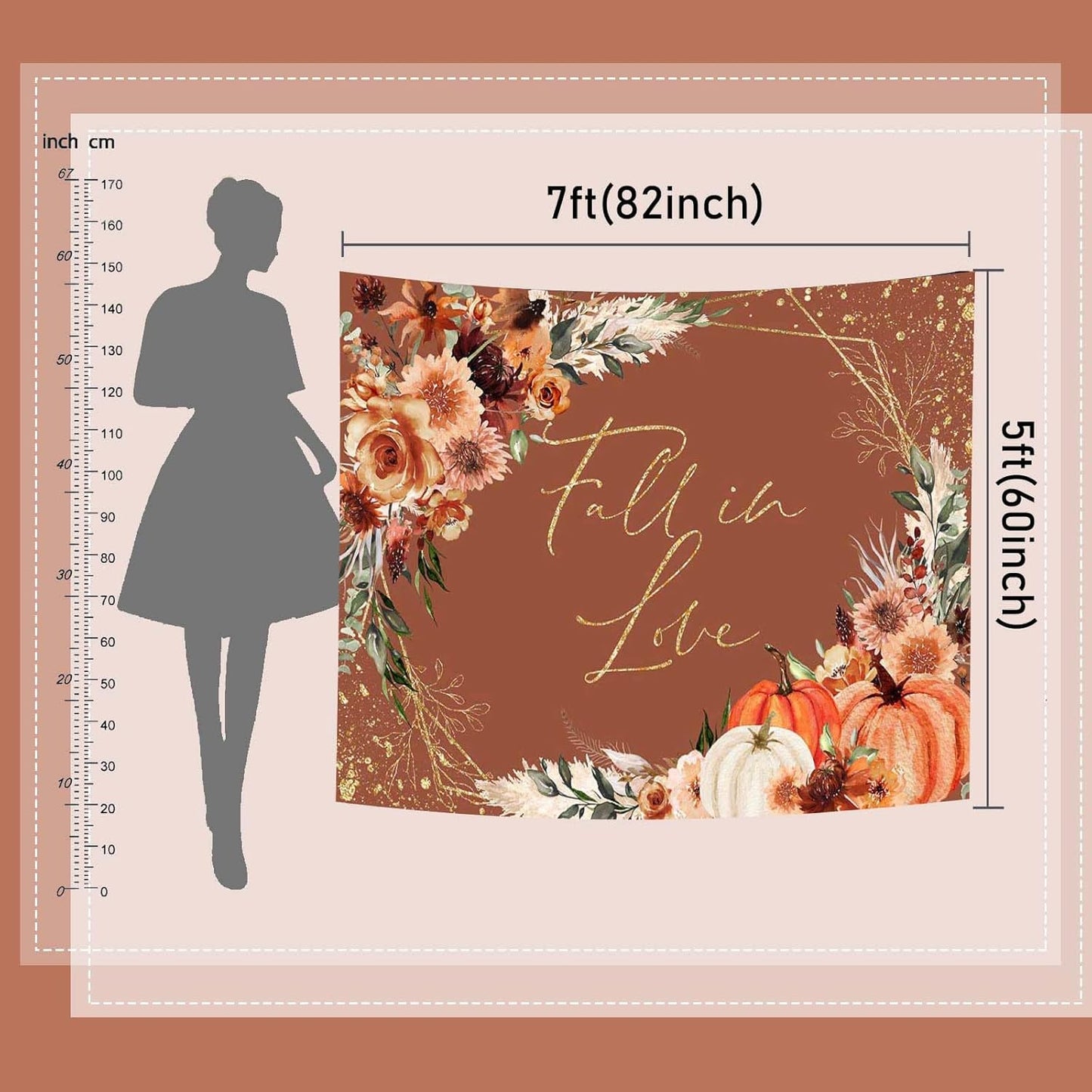 Mocsicka Fall in Love Bridal Shower Backdrop Boho Autumn Leaves Pumpkin Bride Shower Background Terracotta Flower Pampas Grass Wedding Party Banner Decoration (Terracotta, 8x6ft(96''x72''))