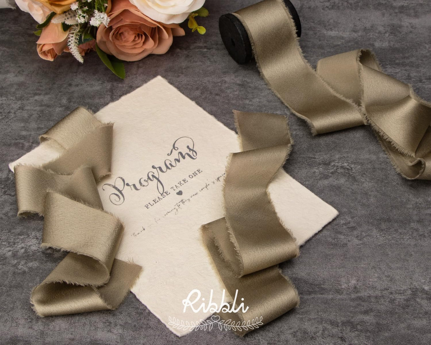 Ribbli Champagne Gold Silk Satin Ribbon 1.5 Inch x 12 Yard Handmade Frayed Chiffon Ribbon with Wooden Spool for Gift Wrapping Wedding Invitations Bridal Bouquets Home Decor