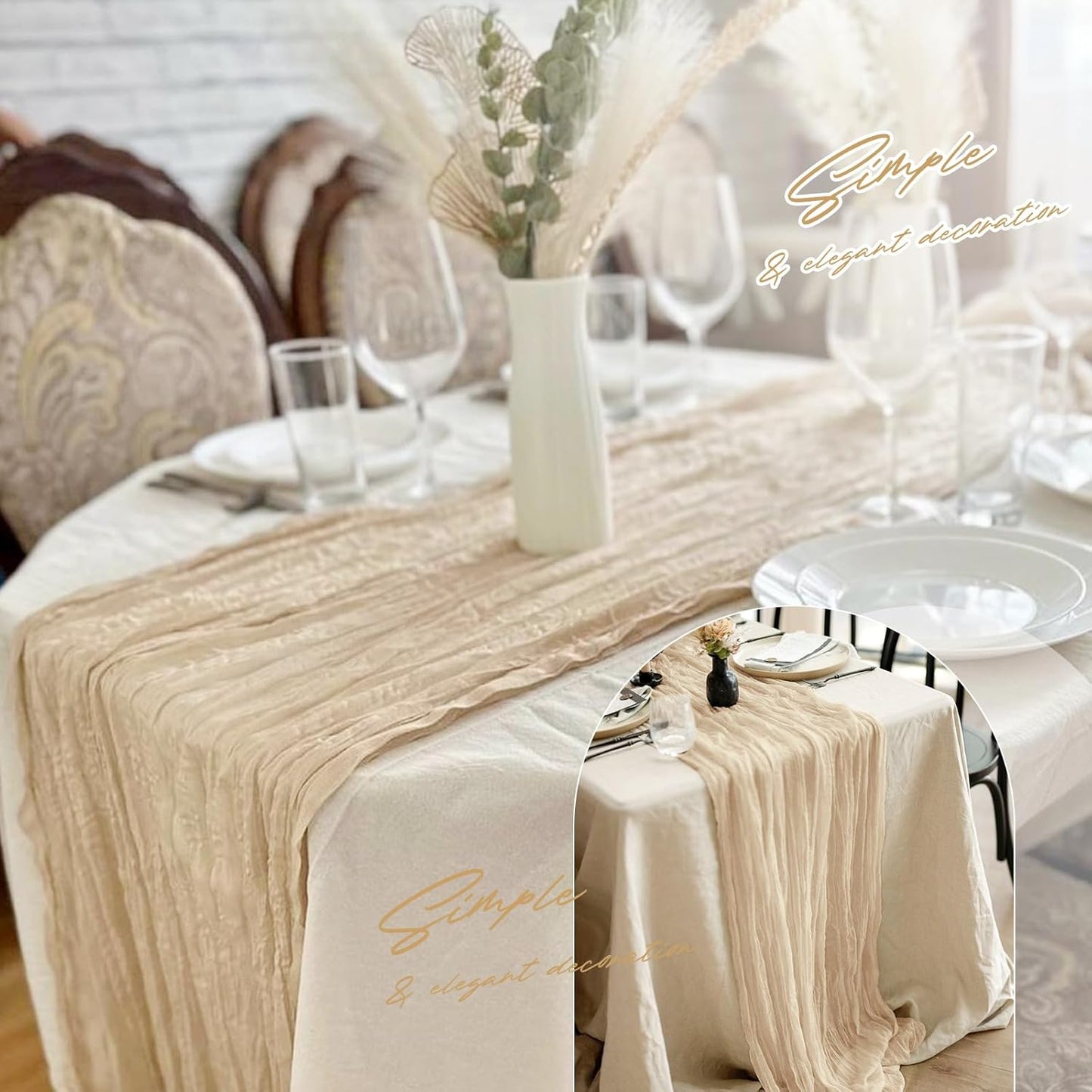 Aktor 4 Pack Beige Table Runner Boho Cheesecloth Table Runner Semi Sheer Gauze Fabric Runners for Wedding Birthday Baby Shower Party Boho Table Decoration(Beige)