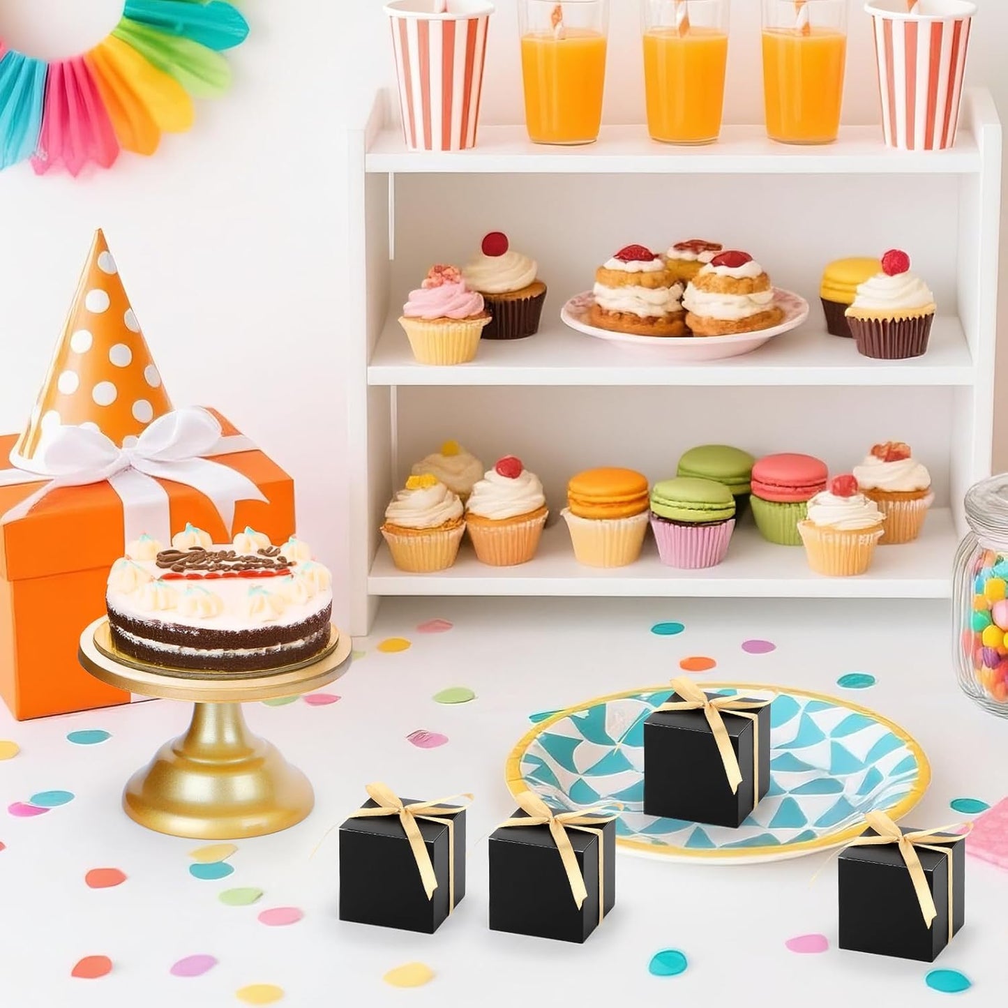 EUSOAR Candy Boxes Party Favors, 30pcs 3x3x3 Inches Black Gift Boxes Mini Bakery Cookies Box with Gold Ribbon, Square Paper Chocolate Containers for Wedding Birthday Bridal Party Favor Decoration