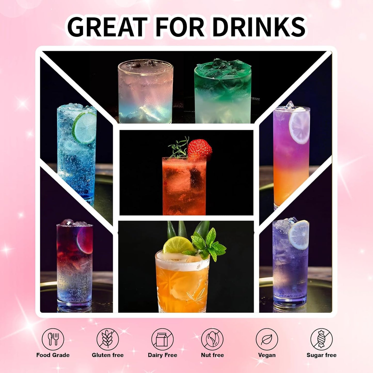 Edible Luster Dust 8 Colors Set - Edible Glitter for Cocktails, Rainbow Food Grade Powder Glitter for Drinks, Chocolate, Cake Decorating | Vegan, Sugar-Free, Gluten-Free -3g