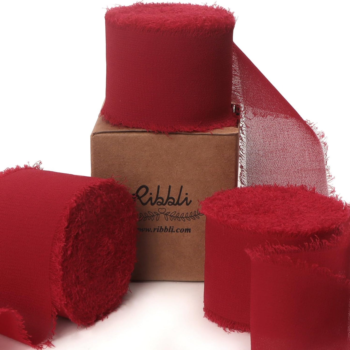 Ribbli Dark Red Ribbon 1.5 Inch x 3 Rolls Total 25 Yards Handmade Fringe Chiffon Silk Ribbon for Wrapping Wedding Invitations Bridal Bouquets DIY Crafts Home Decor