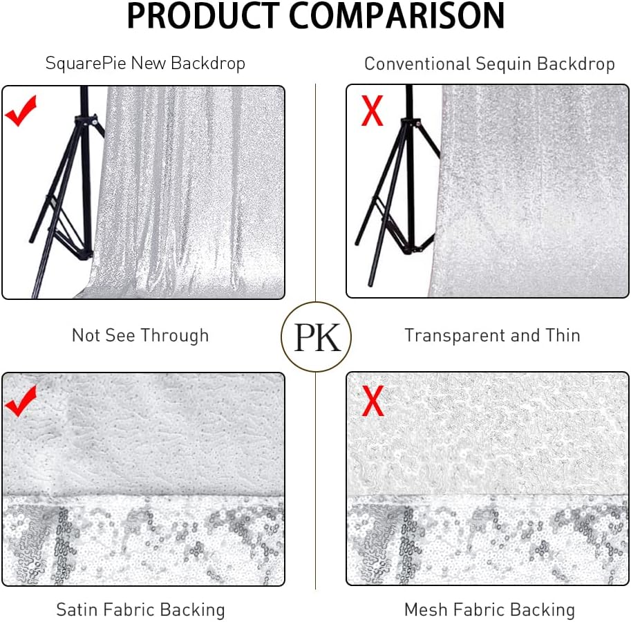 SquarePie Sequin Backdrop Not See Through Thick Stain Background for Photography Glitter Curtain Party 10FT x 10FT Silver