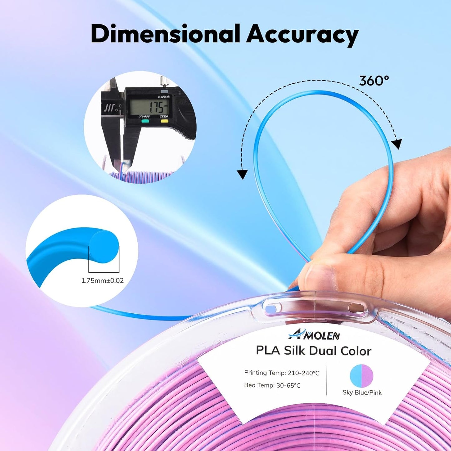 AMOLEN Silk PLA 3D Printer Filament, Dual Color Sky Blue Pink PLA 1.75mm, Shiny Color Change Filament 3D Printing PLA Filament for Most FDM 3D Printer, 1kg Spool(2.2lbs)