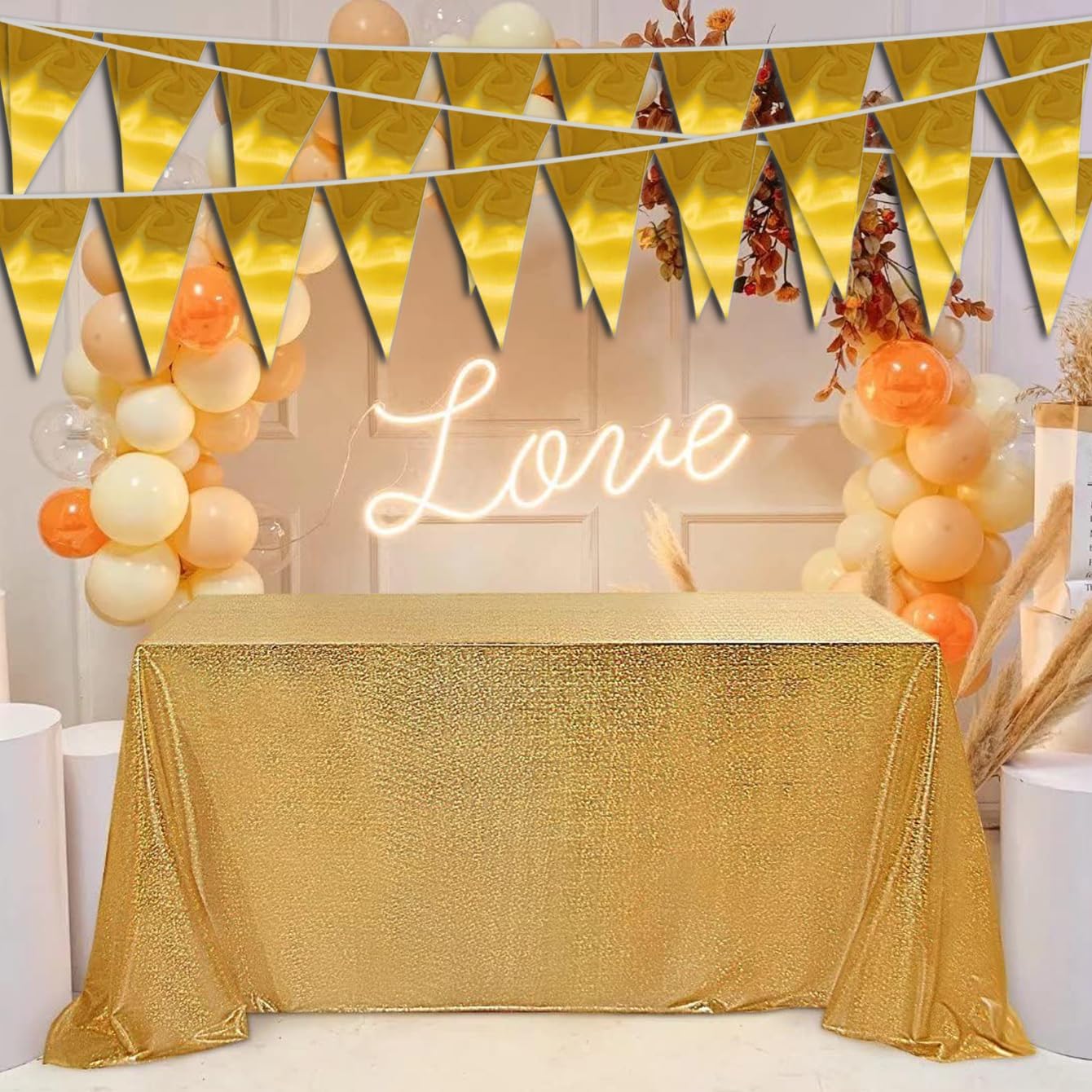 40M/130FT Gold Triangle Pennant Banner Flag Metallic Fabric Bunting Garland for Christmas Graduation Wedding Engagement Anniversary Bachelorette Birthday Bridal Shower Valentines Hen Party Supplies