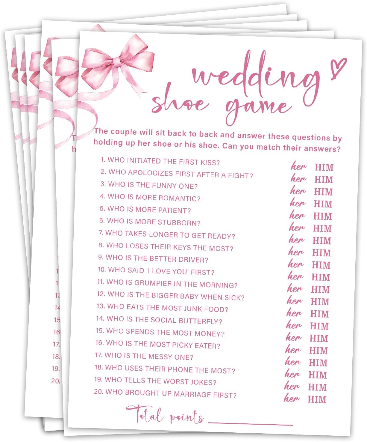 Pink Bow Wedding Shower Games Cards, Bridal Shower Games 30 Guests, Engagement Party Wedding Game for Reception Dinner Activities/HL 002