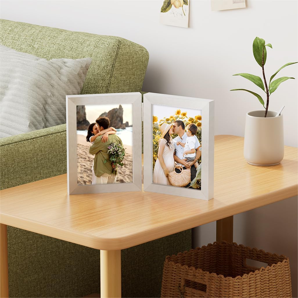 decorUhome Double 5x7 Picture Frame Vertical, Engineered Wood Bifold Photo Frame with Plexiglass for Tabletop Display, 5x7, Silver