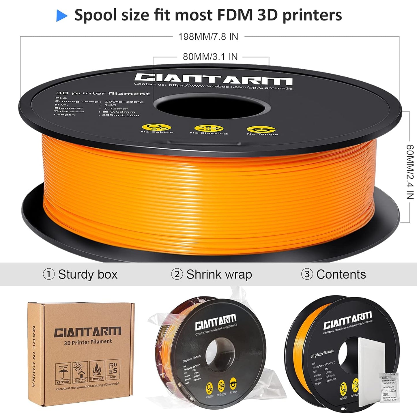 GIANTARM 3D Printer Filament, Orange Pla Filament, 1Kg(2.2lbs) Spool, 1.75mm Dimension Accuracy +/- 0.03mm, 3D Printing Filament