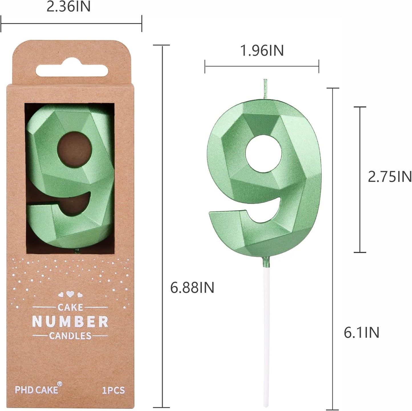 PHD CAKE 2.76 Inch Crystal Green 9 Number Cake Candle, Numeral Birthday Candles, Green Number Candles, Party Celebration