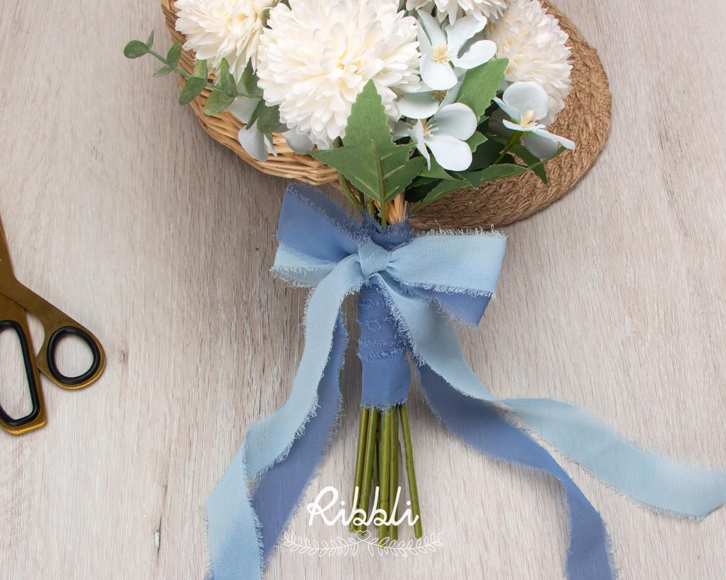 Ribbli Dusty Blue Ribbon 1 Inch x 3 Rolls Total 24 Yards Blue Handmade Fringe Chiffon Silk Ribbon for Wrapping Wedding Invitations Bridal Bouquets DIY Crafts Home Decor