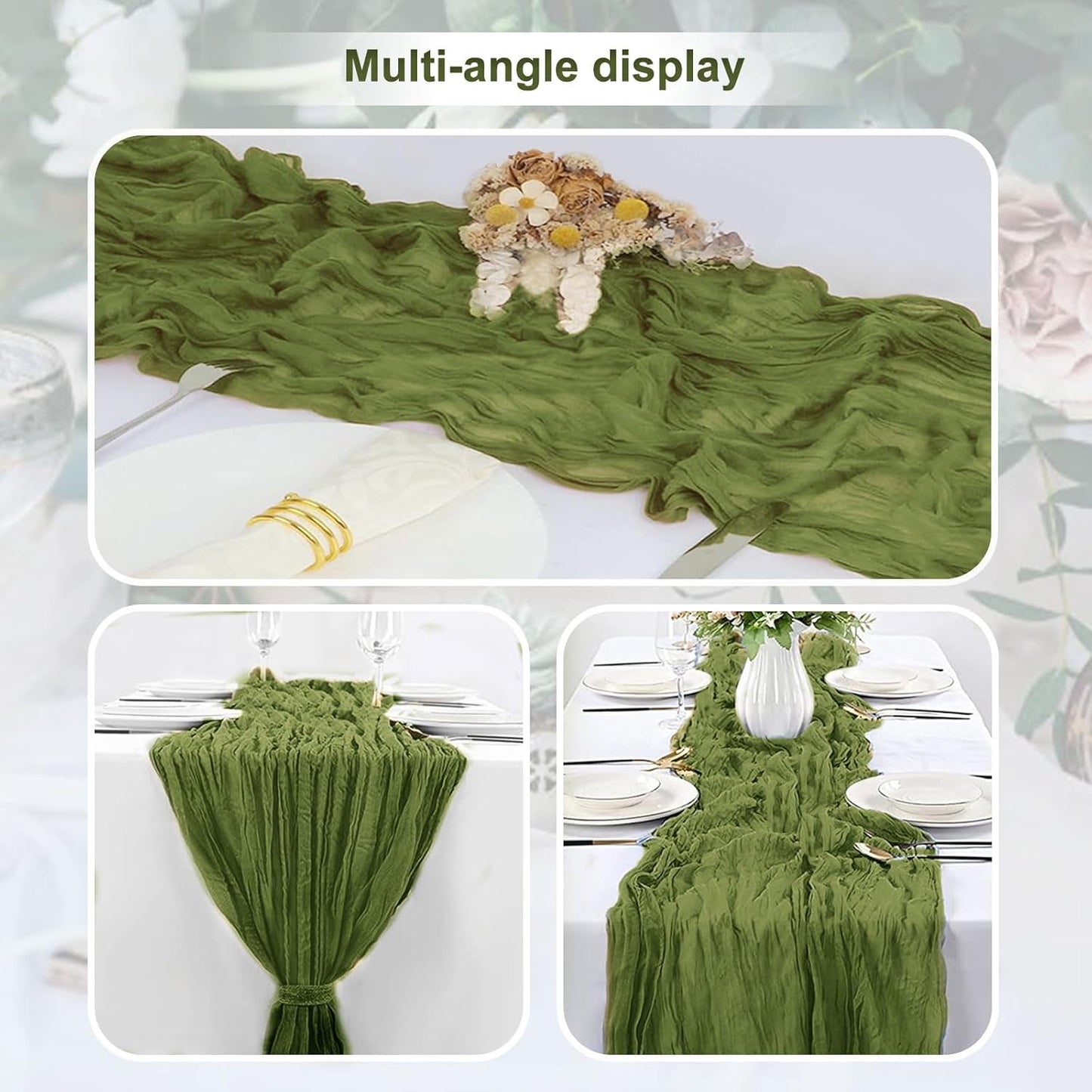 1 Pack Olive Green Cheesecloth Table Runner 35x120 Inch 10Ft Rustic Gauze Cheese Cloth Table Runner Sheer Cheesecloth Table Runners for Wedding Party Bridal Shower Decoration