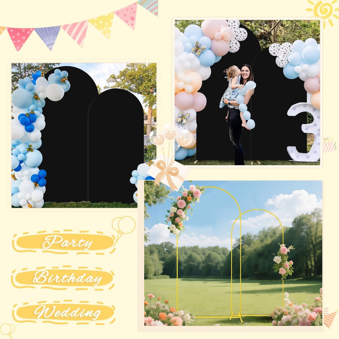 Wedding Arch Backdrop Stand and Cover Set of 2 6FT 7.2FT Black Spandex Fitted Stretchy Arch Stand Covers for Gold Metal Stand Round Top Chiara Backdrop Cover for Birthday Party Decorations