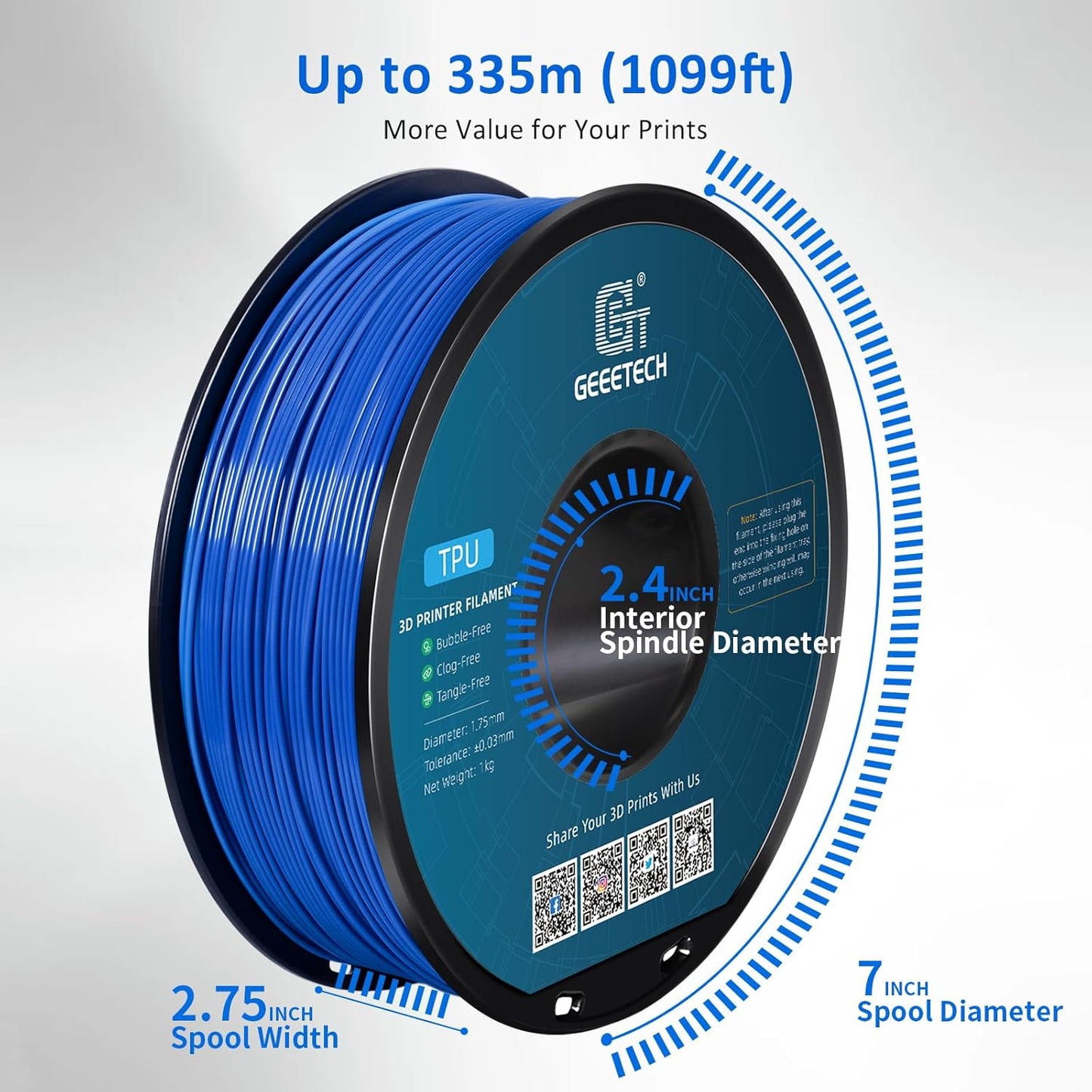 Geeetech TPU Filament 1.75mm – 95A Flexible 3D Printer Filament with High Elasticity, 1KG (2.2lbs) Spool, Dimensional Accuracy ±0.03mm, Fits Most FDM Printers, Blue