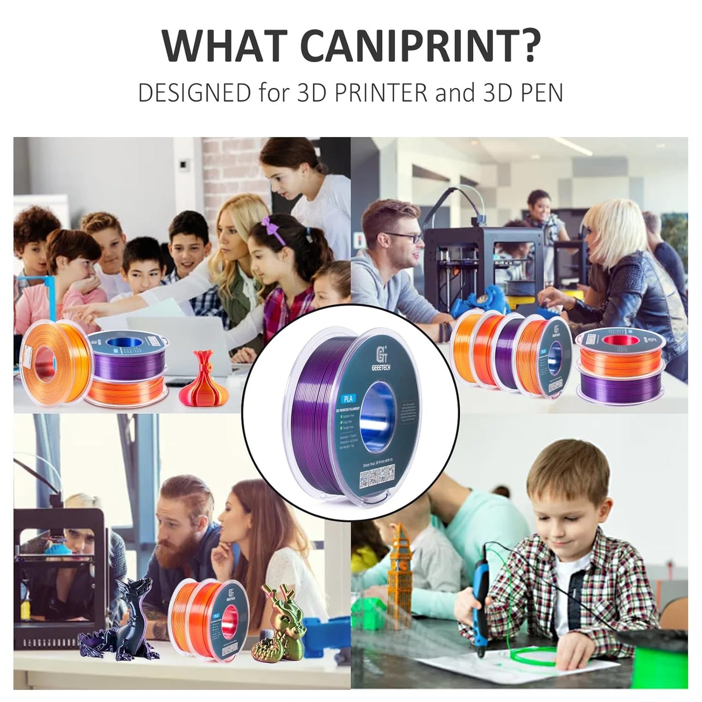 Geeetech Silk PLA Tri Color Filament 1.75mm 3D Printer Filament, Coextrusion Blue Purple Black Tri-Colors Metal-Like Shiny Silk PLA Filament, 1kg (2.2lbs) 1 Spool, Dimensional Accuracy +/- 0.02 mm