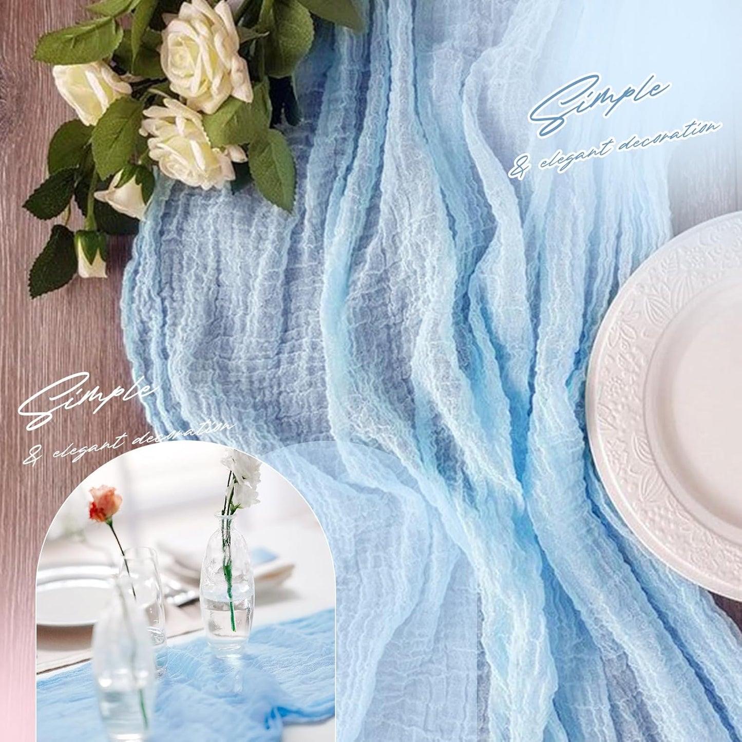 Aktor 12 Pack Light Blue Table Runner Boho Cheesecloth Table Runner Semi Sheer Gauze Fabric Runners for Wedding Birthday Baby Shower Party Boho Table Decoration(Light Blue)