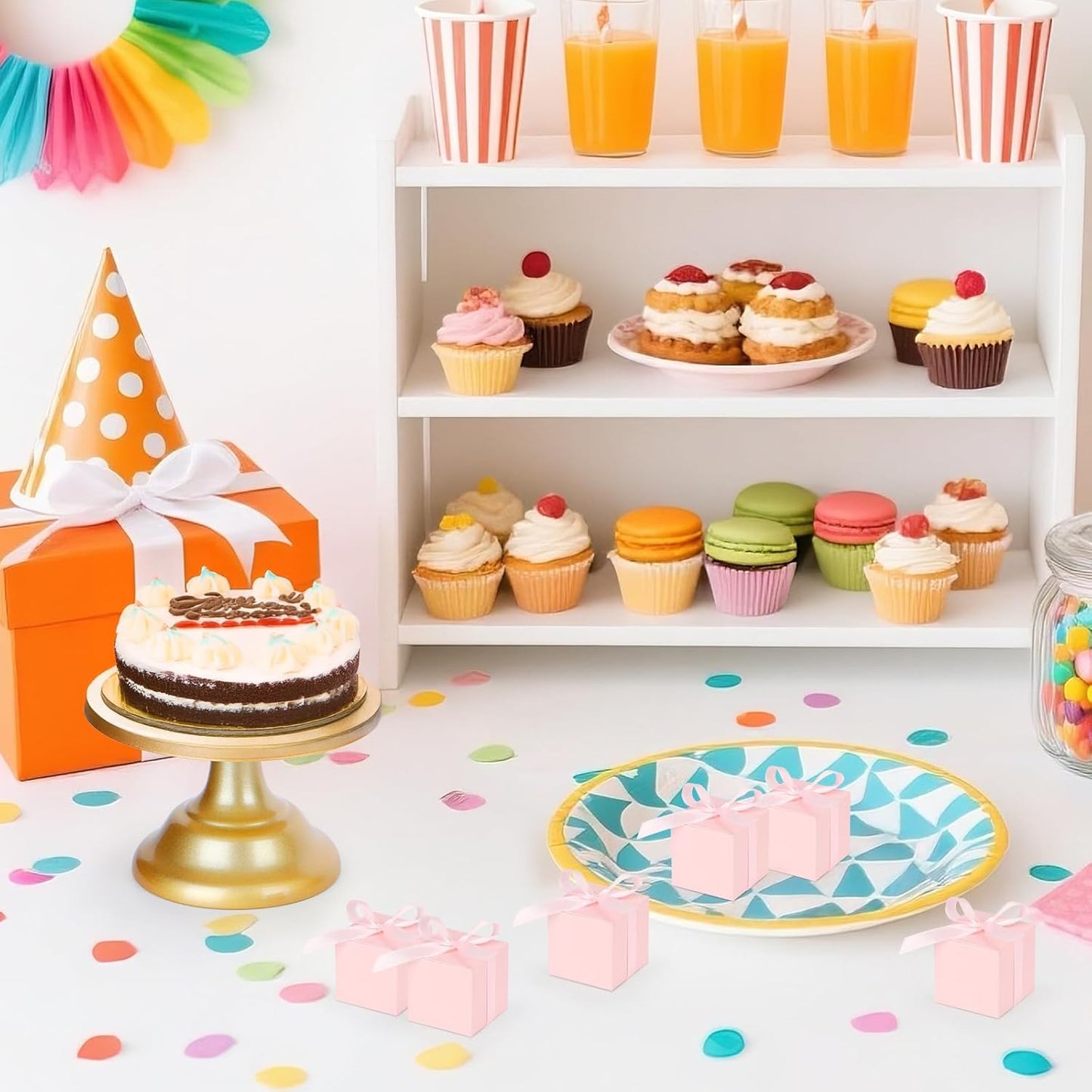 EUSOAR Candy Boxes Party Favors, 120pcs 2x2x2 Inches Pink Favor Boxes Candy Gift Box with Ribbon, Mini Bakery Cookies Box Square Paper Chocolate Containers for Wedding Anniversary Party Favor