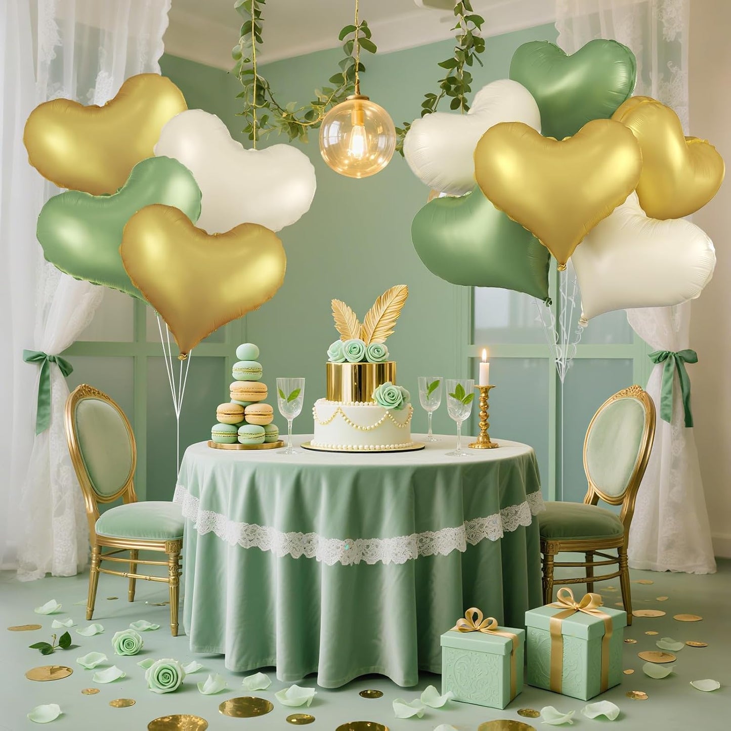 Green Gold White Heart Balloons,24Inch Large Heart Foil Balloons for Valentine's Day Birthday Wedding Baby Shower Anniversary Party Decorations
