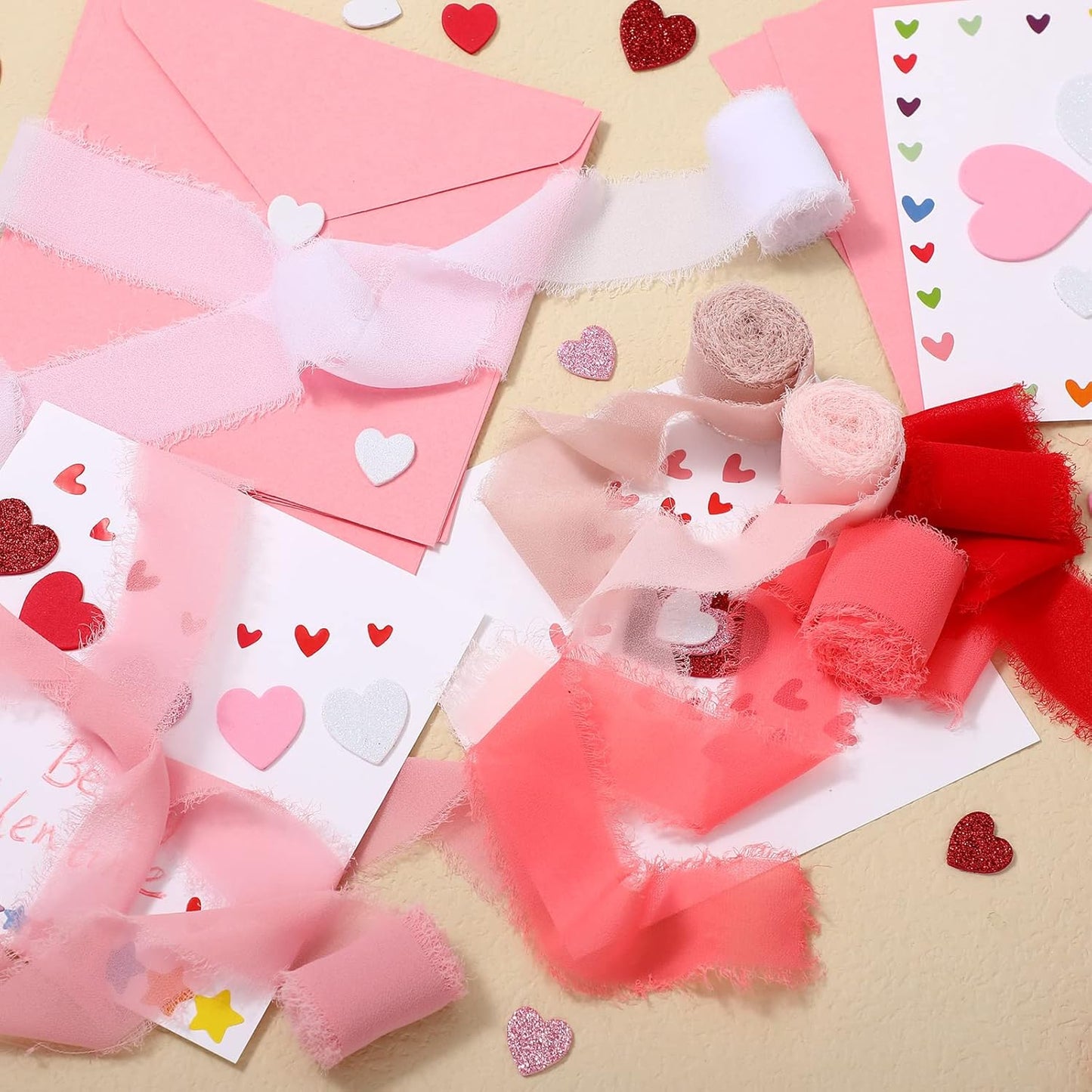 6 Rolls Handmade Fringe Chiffon Silk Ribbon 1.5" x 3 Yd Colorful Ribbon for Wedding Invitations, Bridal Bouquets, Gifts Wrapping, DIY Crafts (Pink Red Set)