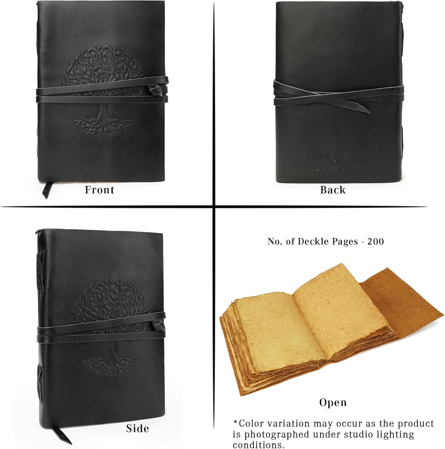 LUXEORIA Tree Of Life Leather Journal for Women and Men, Handcrafted Leather Journal for Writing Womens, Sketchbook, Travel Diary with Unlined Deckle Paper, Black 7x10