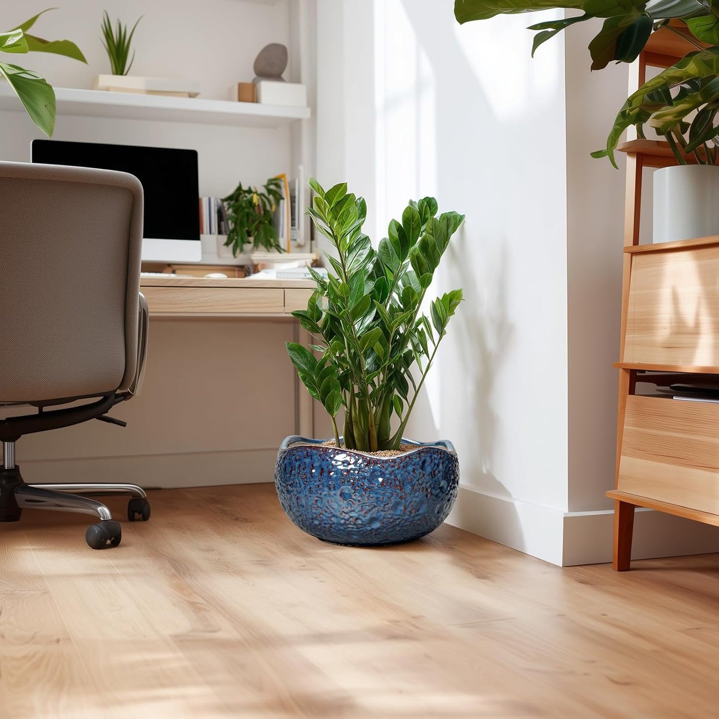 Bonsai Pots - 13 Inch Large Ceramic Planter for Indoor Outdoor, Round Decorative Plant Pots with Drainage Hole, Modern Unique Flower Pots, Patio Decor, Housewarming Gifts, Retro Blue