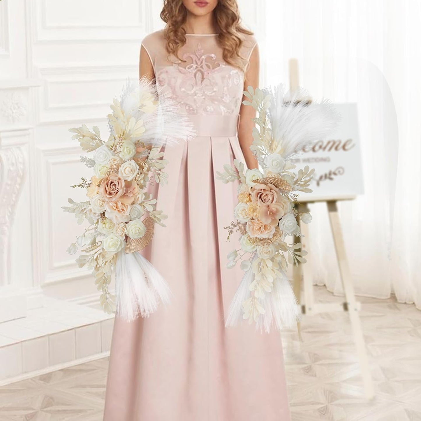 Wedding Arch Flower Kit of 2 - Artificial Flower Swag Wedding Welcome Sign Decorative Floral Swags for Wedding Reception Ceremony Signs Wedding Chair Ceremony Floral Decor (Beige)