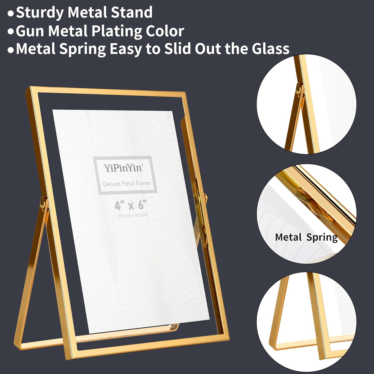Gold 5x7'' Double Floating Frame For Photo Sizes 3.5 x5'', 4x6'',5x7''Gold Plated Metal double Photo Frames For Counter Shelf Display,Gift Choice for Wedding,Thanksgiving,Home or Office Decor.