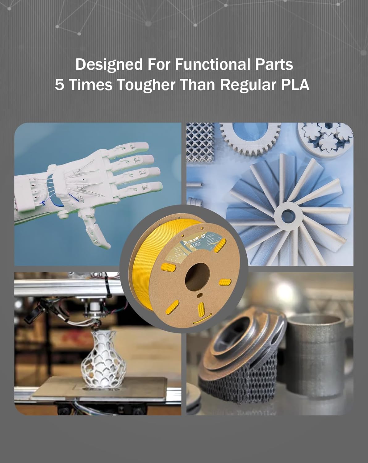 DURAMIC 3D PLA+ Filament 1.75mm 1Kg Yellow, PLA Plus Filament 1Kg Spool(2.2lbs) Tougher and Stronger, Dimensional Accuracy Probability +/- 0.02mm