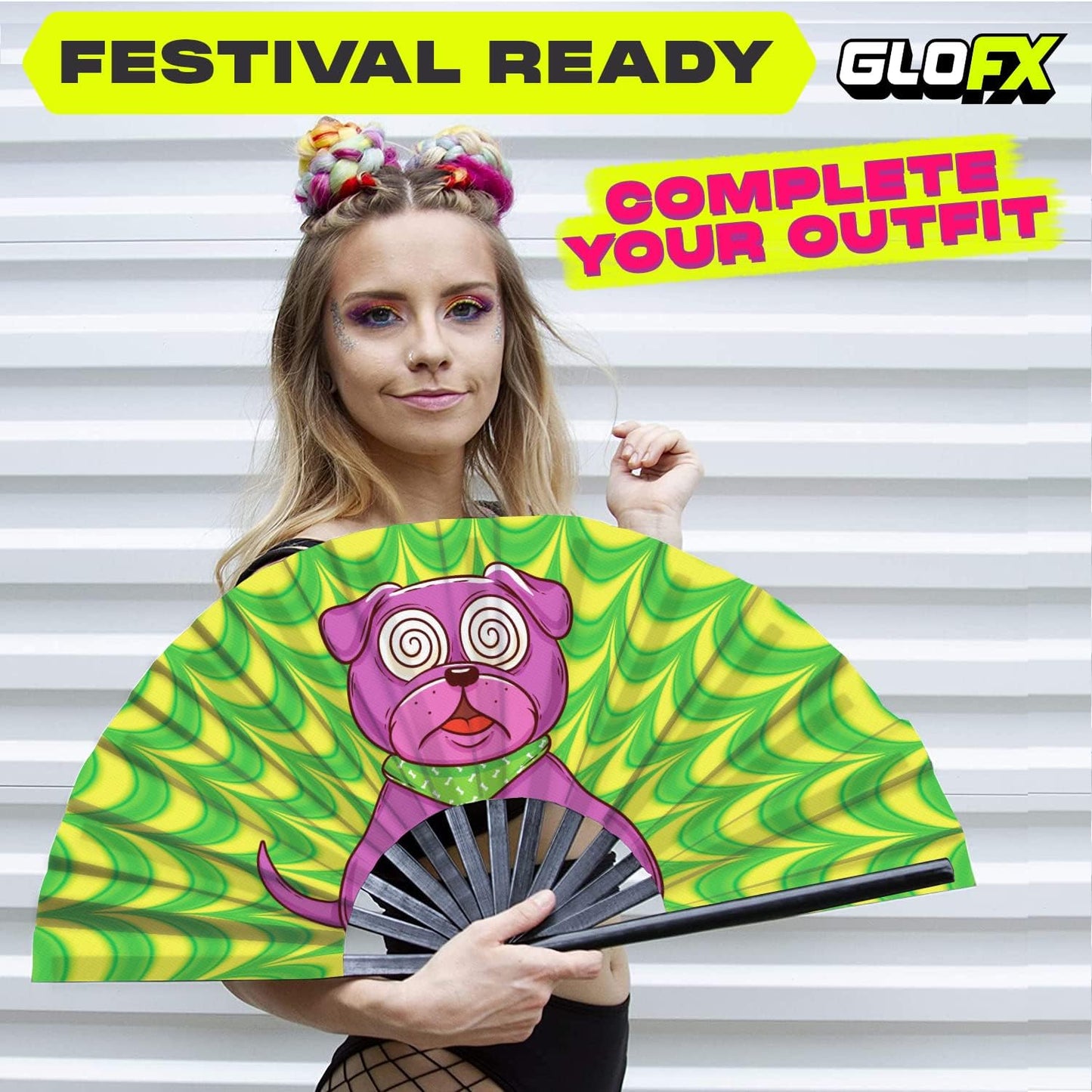 GloFX Rave Trippy Doggy Large Folding Fan - Music Festival Essentials, EDM Rave Accessories