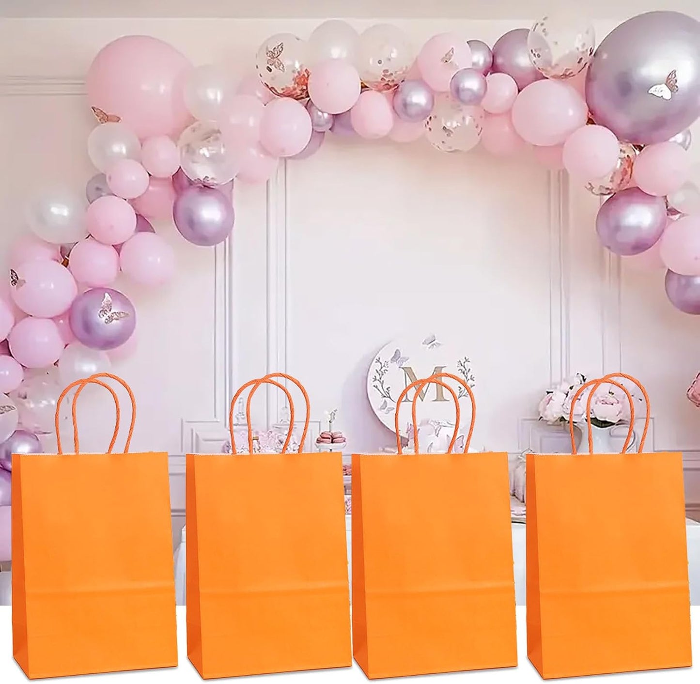 piqiya 24pcs Orange Gift Bags with Handles,Small Paper Bags for Halloween Party Favors,Birthday,Wedding,Salmon Treat Bag Multiple Uses,Trick or Treat Bags Candy Bag