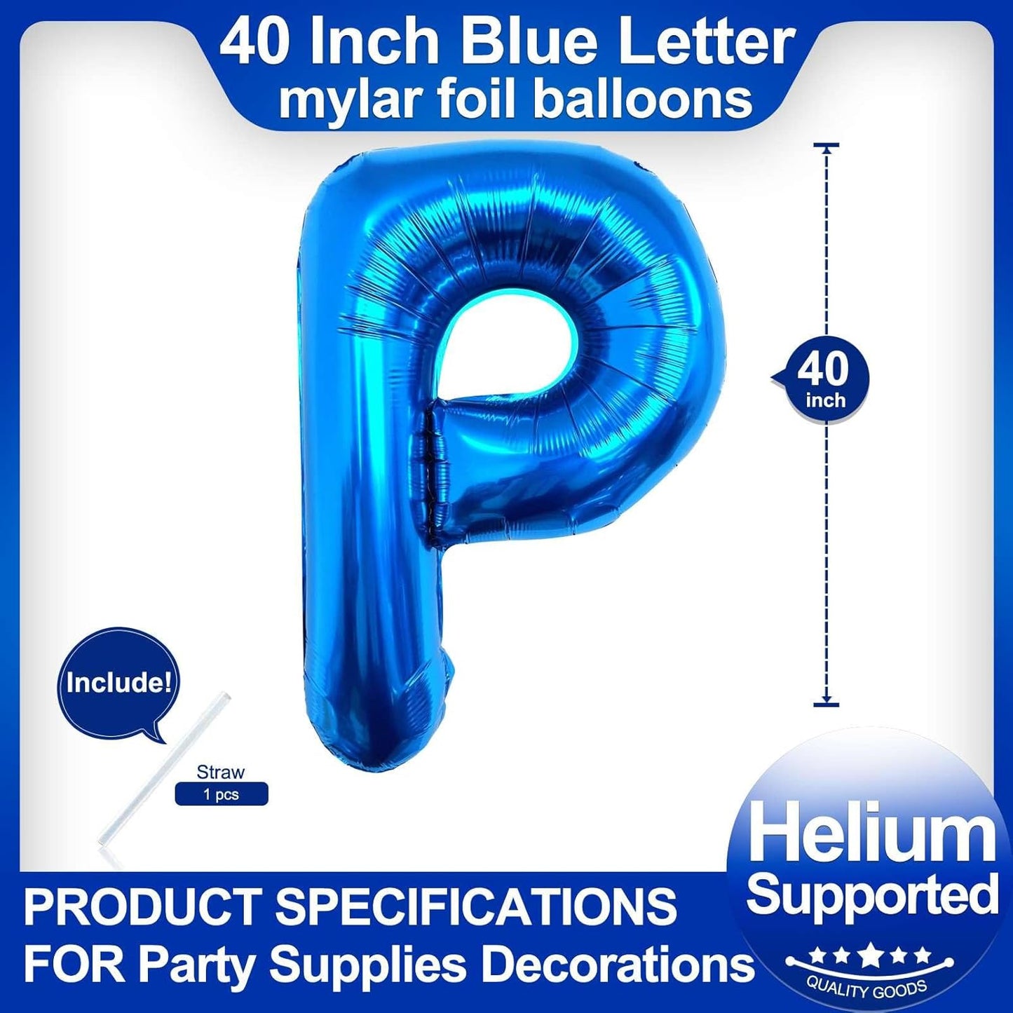 40 Inch Blue Letter P Balloons, DIY Phrase Foil Alphabet Letter P Balloons DIY Word P Banner for Birthday Anniversary Celebration Graduation Party Supplies Decoration