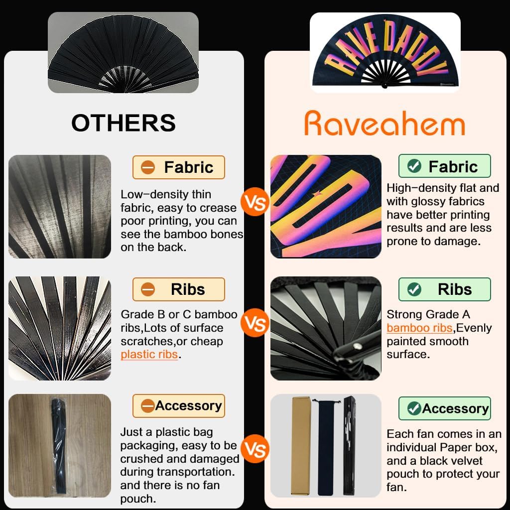 UV Glow Rave Fan, Bamboo Folding Clack Hand Fans Foldable for Men Women, Boots on the Ground Poping Fan for EDM Festival Line Dance Decoration, (Rave Daddy, Large 13")