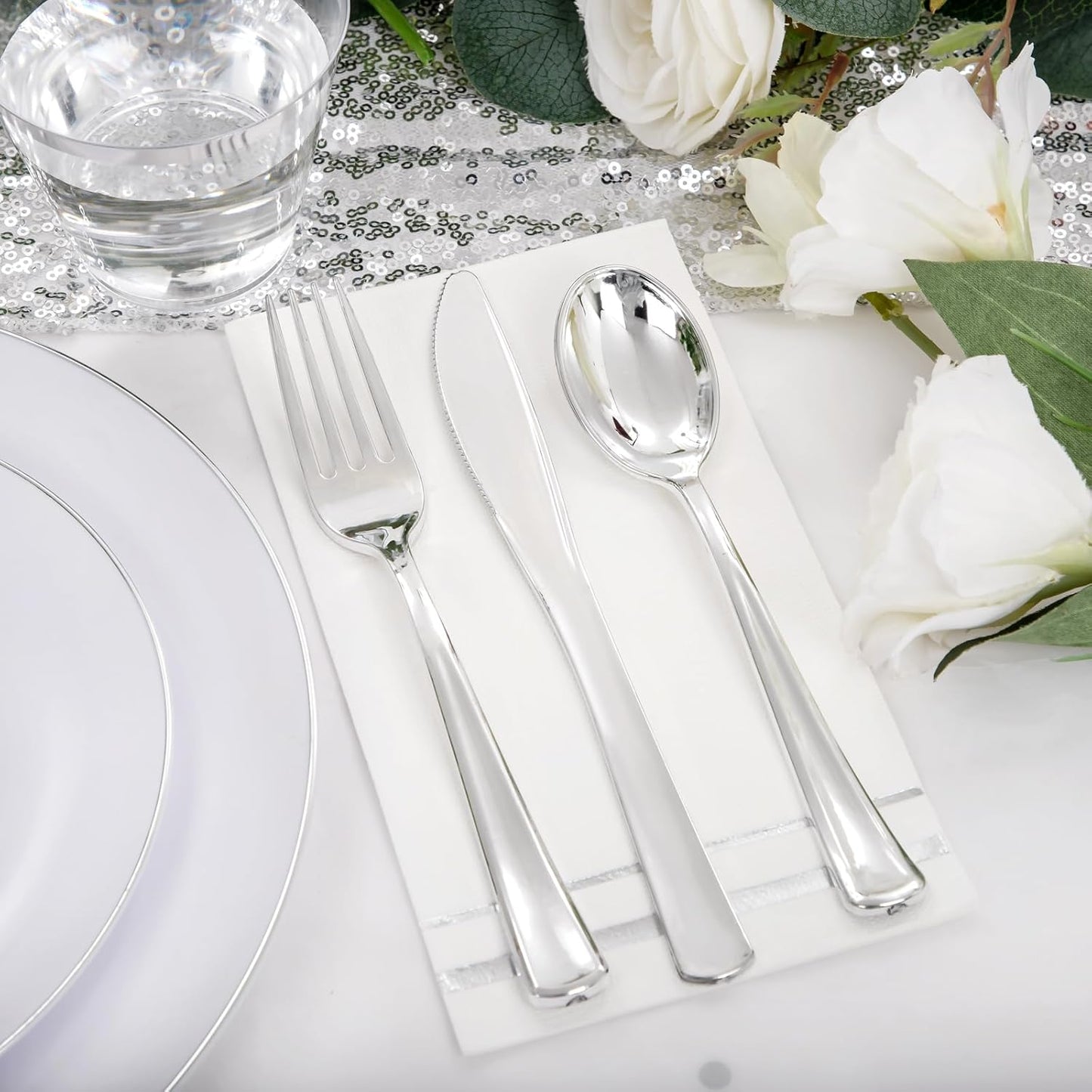 Festiva 176Pcs Silver Plastic Christmas Plates - Party Plates and Cups and Napkins Sets: 25Dinner Plates 25Dessert Plates 25Cups 25 Cutlery 25 Napkins 1Tablecloth for New Year Party&Wedding&Christmas