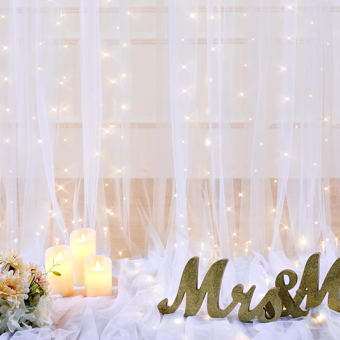 10ft x 10ft White Tulle Backdrop Curtain with Lights String for Parties Wedding Bridal Shower Sheer White Curtain Backdrop for Birthday Baby Shower Photo Booth Background Decorations