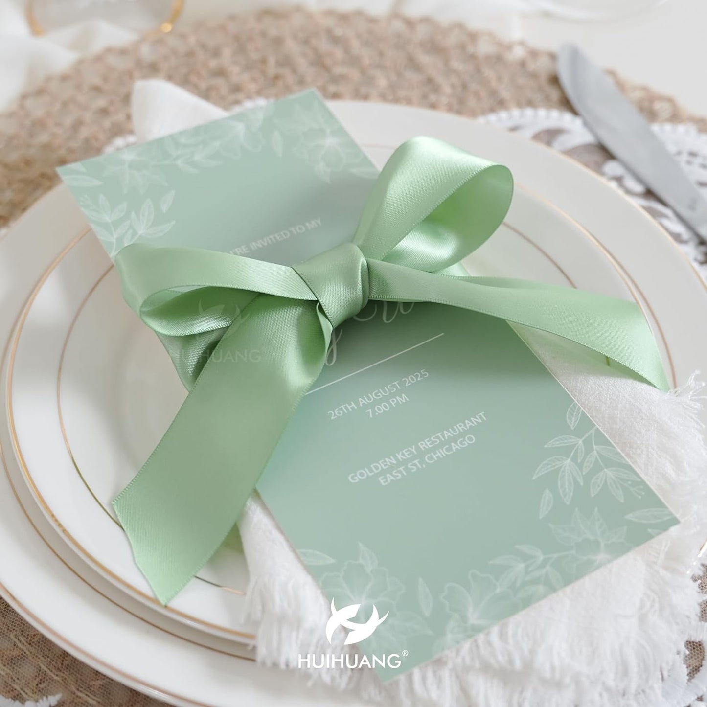 HUIHUANG 1-1/2 inch Double Face Satin Ribbon, Polyester Satin Sage Green Ribbon 50 Yards/Roll for Gift Wrapping Bows Making Floral Bouquet Wedding Invitation Decor Party Favor and Craft Supplies