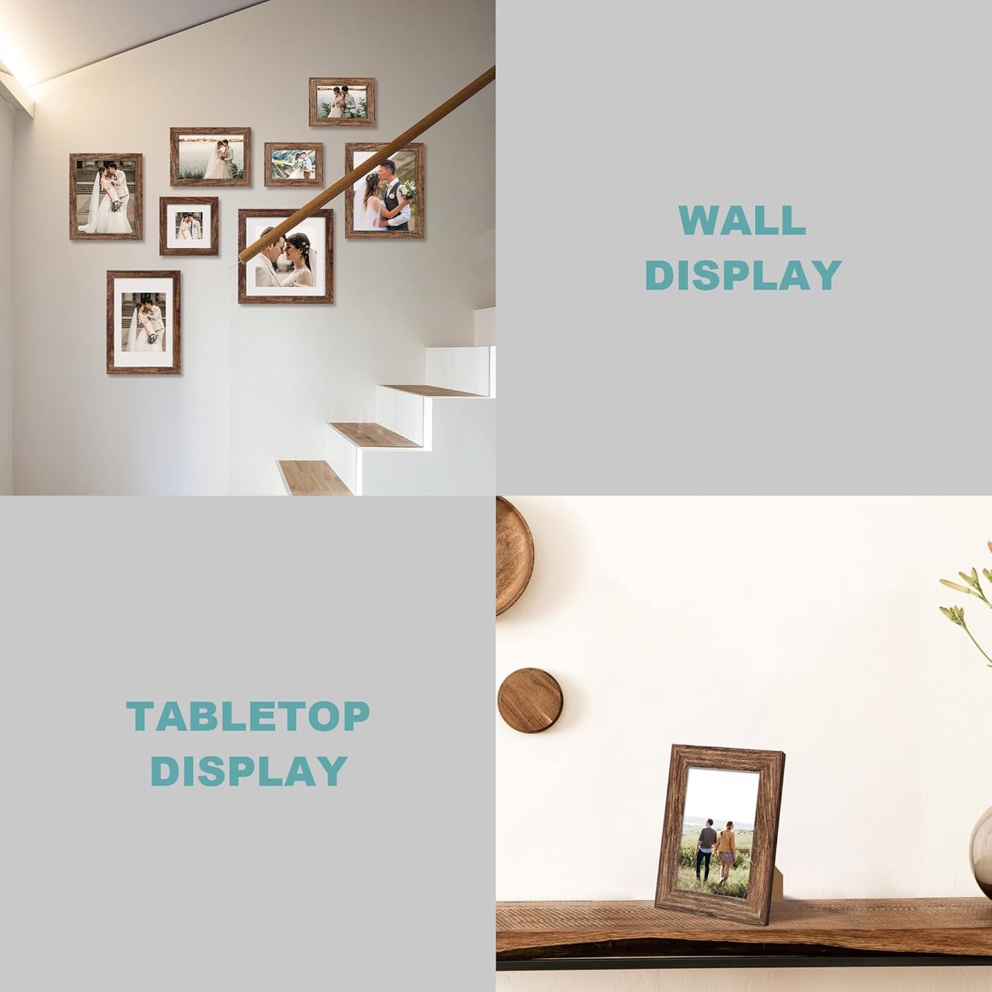 10x14 Picture Frame Set of 4 with Tempered Glass, Rustic Frame Display 8x12 Pictures with Mat or 10 x 14 Without Mat, Wooden Photo Frames for Wall Mounting