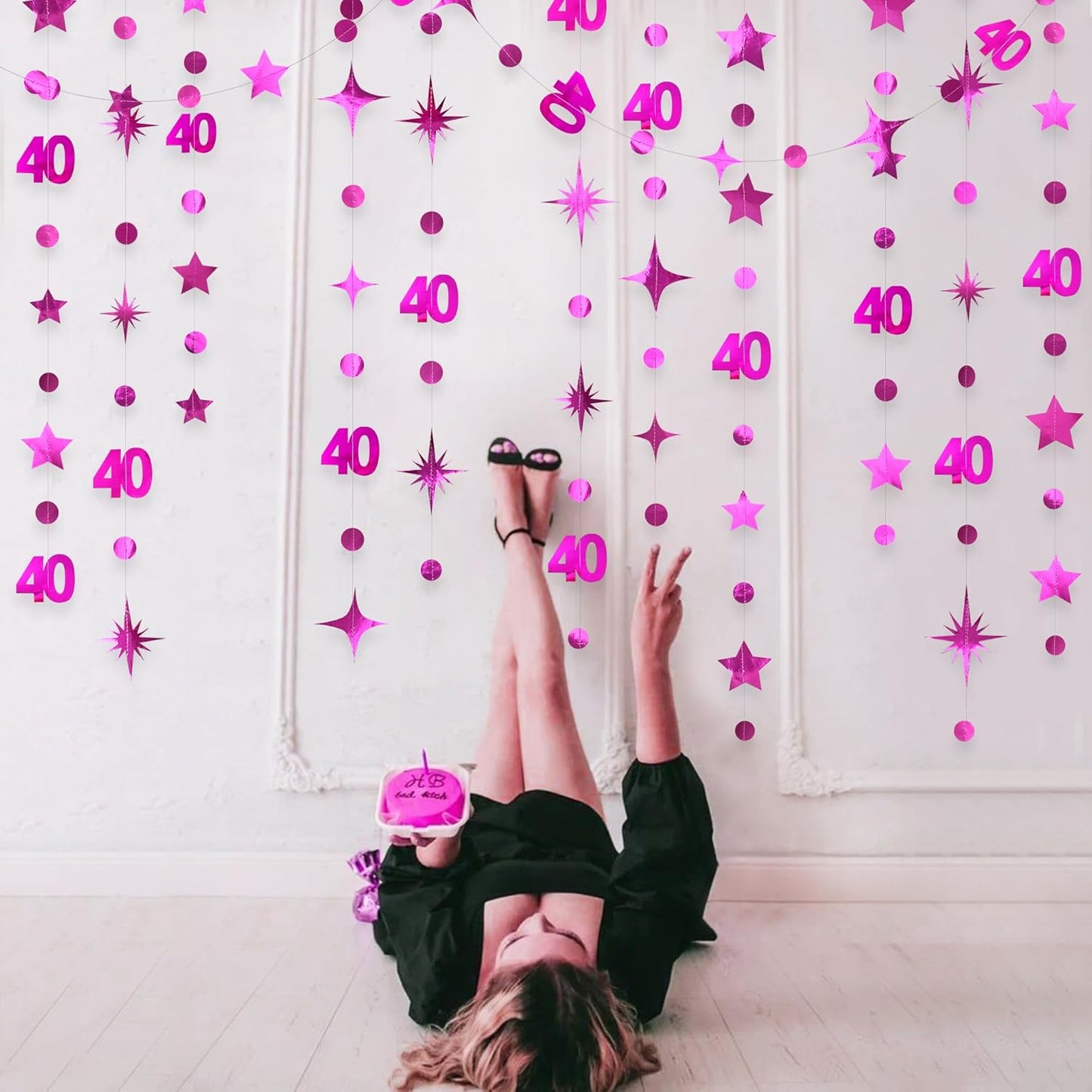 Hot Pink 40th Birthday Decorations Number 40 Circle Dot Twinkle Star Garland Metallic Hanging Streamer Bunting Banner Backdrop for Women Cheers to 40 Years Old Bday Forty Anniversary Party Supplies